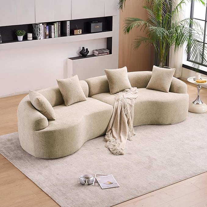 110'' Modern Curved Sofa Sectional Arc 4-Seater Foam Couch Compressed in-a-Box Boneless Cloud Couch with Extra-Deep-Wide Seats in Comfortable Chenille No Assembly Apricot Taupe