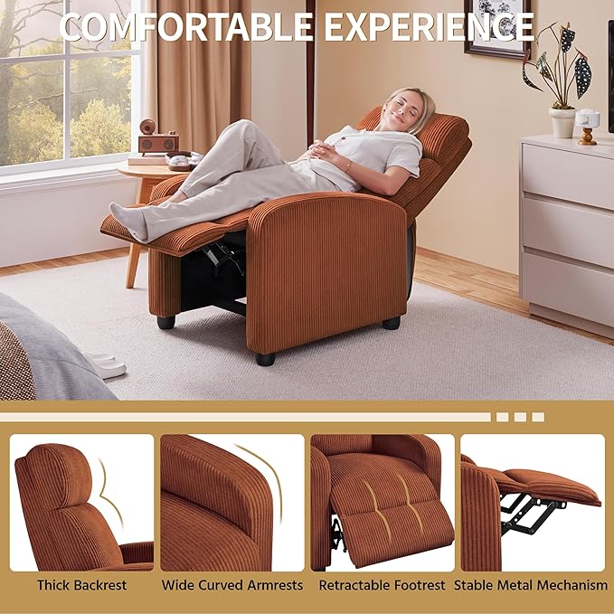 Yaheetech Corduroy Recliner Chair Single Sofa Home Theater Seating Adjustable Modern Reclining Chair for Living Room Bedroom Home Theater Brick Red