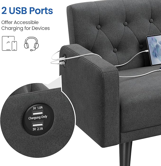 Yaheetech 63 Convertible Couch Small Futon Sofa Bed with 2 USB Ports Reclining Backrest &amp Removable Armrests Mid Century Modern Loveseat for Living Room Apartment Office Dark Gray