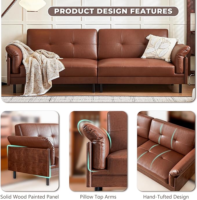 90 Inch Mid Century Modern Brown Leather Sofa Vintage Luxury 4-Seater Large Waxed Leather Sectional Couch with Solid Wood Exterior and Hand-Tufted for Living Room and Office