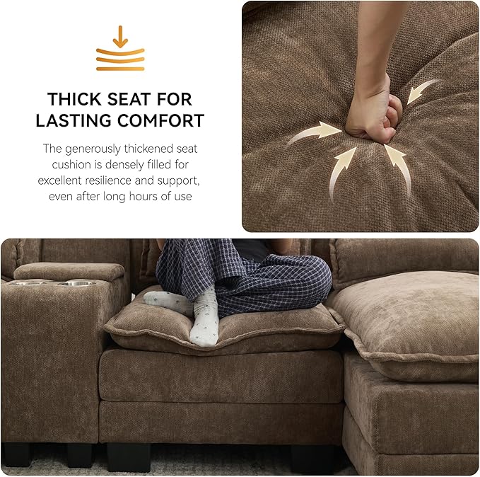 125'' U Shaped Cloud Modular Sofa with Chaise Lounges Chenille Upholstered Comfy Sectional Couch with Storage Console USB Charging Ports &amp Cup Holders Small Deep Seat Sofa for Living Room Brow