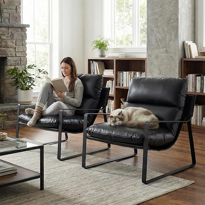 DUOMAY Mid-Century Accent Chair Armchair Set of 2 Comfy PU Leather Leisure Chair Lazy Chair with Metal Leg for Living Room Bedroom Office Apartment Black