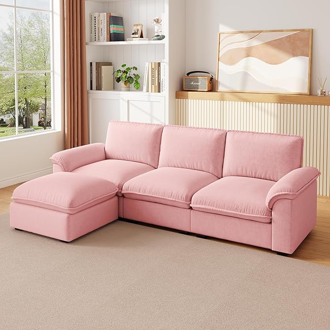 KEIKI 102 3Seat Modular Sectional Velvet Sofa Couch with Chaise Memory Foam for Feminine Retreat Bedroom Studio Style Conscious Glam Seekers Luxurious Elegant Sophisticated Quality Design Pink