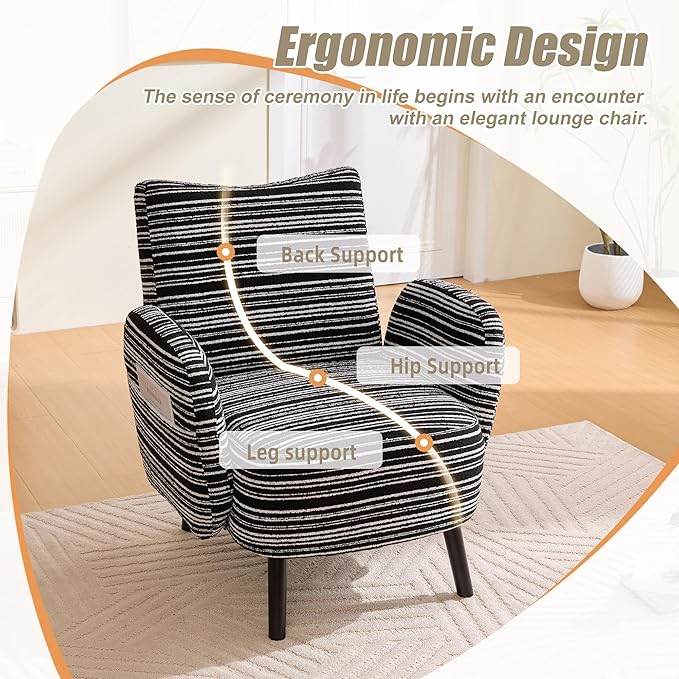 Modern Upholstered Armchair with Side Storage Pocket Fabric Reading Chair with Solid Wood Legs Ergonomic Accent Chair for Living Room Bedroom &amp Office (Black)