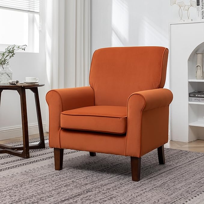 Classic Accent Armchair with Birch Wood Frame and Comfortable Rolled Armrests Arm Chairs for Living Room Bedroom and Office Decor Orange