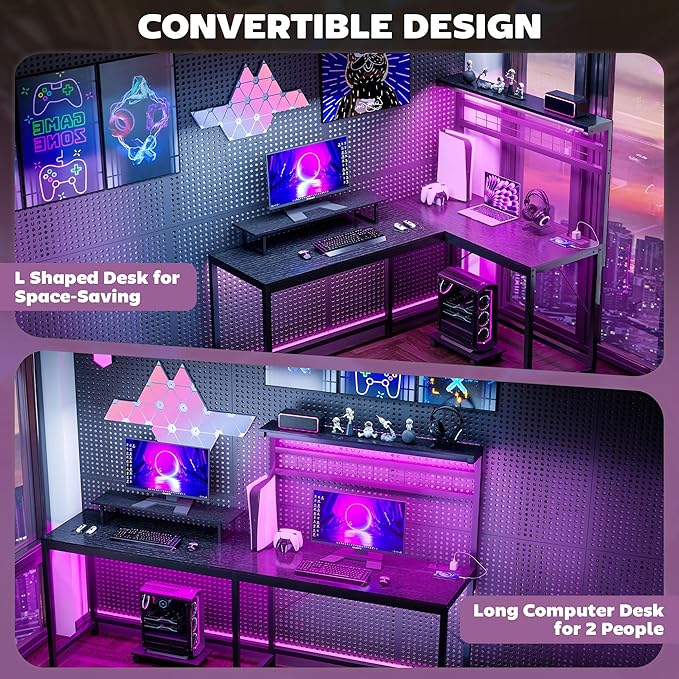 HOMCOM Gaming Desk 62 L Shaped Desk with Power Outlets &amp LED Lights 86 2 Person Computer Table with Shelf &amp Rolling CPU Stand Reversible Corner Office Table with Hutch Black