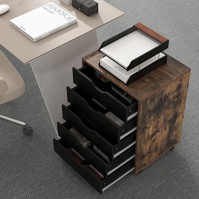 5 Drawers File Cabinet Vertical Filing for Home Office Mobile Under Desk Storage With Wheels Modern Chest of Drawers for Bedroom (Rustic Brown)