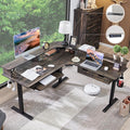 RedLemon 60 Inches L Shaped Electric Standing DeskHeight Adjustable Corner Gaming Desk with Drawers Keyboard Tray Power Outlets &amp LED Lights Computer Desk with Monitor Shelf Dark Rustic Oak