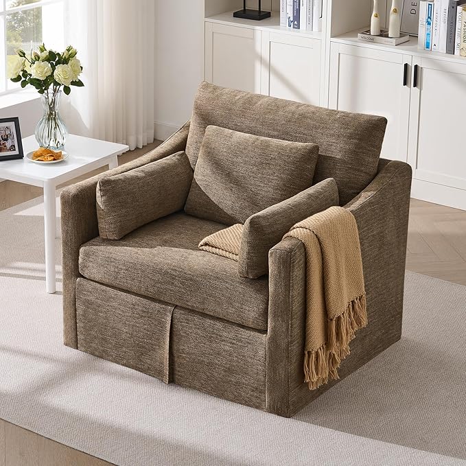 ONBRILL Accent Chair for Living Room Slipcovered Chair with 3 Throw Pillows Comfy Reading Chair Deep Seat Armchair w/Sloped Arms Modern Single Couch Sofa for Apartment Brown