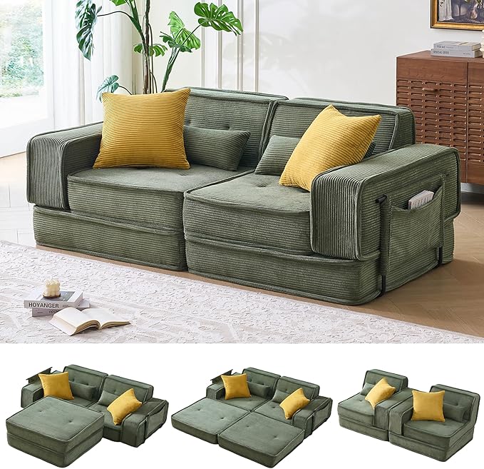 Modular Sofa Bed No Assembly Required Sectional Couch for Living Room Compressed Cloud Couch with Corduroy Fabric &amp Lumbar Pillows Small Space Furniture Green