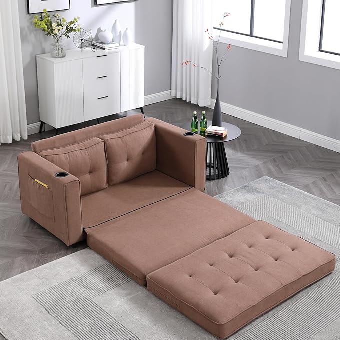 Futon Sofa Bed Convertible Folding Futon Breathable Small Couch Adjustable Pull Out Chaise Lounge for Compact Living Studio in Living Room and Bedroom Offices Loveseat (Brown)