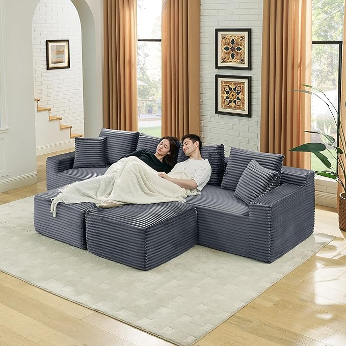 U-Shaped Cloud Sectional Couch Symmetrical Modular Compressed Boneless Sectional Sofa with Chaise Lounges Plush Corduroy Boneless Corner Sofa for Living Room