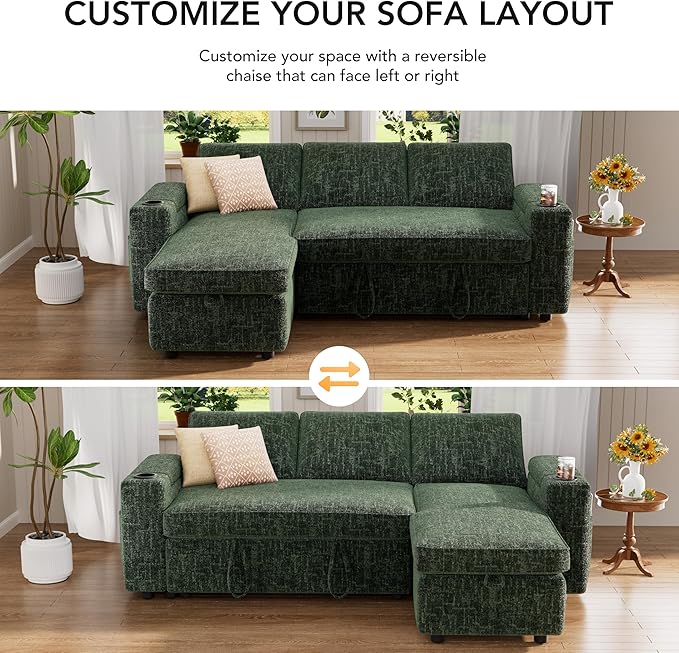Vipbear Sectional Sleeper Sofa with Pull Out Bed 82 L Shaped Couch Sleeper Sofa with Reclining Backrest/Reversible Storage Chaise/Armrest Storage/Cup Holder/Side Pocket Tool-Free Assembly Green