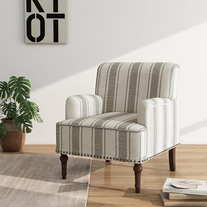 Accent Chair Mid Century Modern Comfy Armchair for Living Room Linen Fabric Single Sofa Lounge for Reading Bedroom Apartment Waiting Room with Wood Legs (Brown Stripe Set of 1)