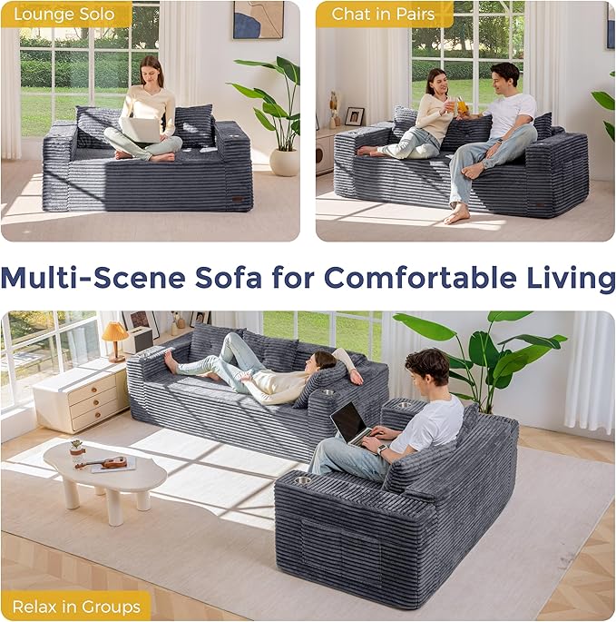 MAXYOYO Boneless Couch and Loveseat Sets for Small Spaces Mini Love Seat Floor Couch with Cup Holders and Pillows Upholstered Cloud Couch for Bedroom Apartment No Assembly Required