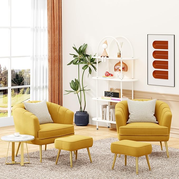 Velvet Accent Chairs with Ottoman for Living Room Bedroom Office Leisure Upholstered Single Sofa Chair Arm Chair Comfy Chair Reading Club Coffee Chair with Metal Legs Yellow