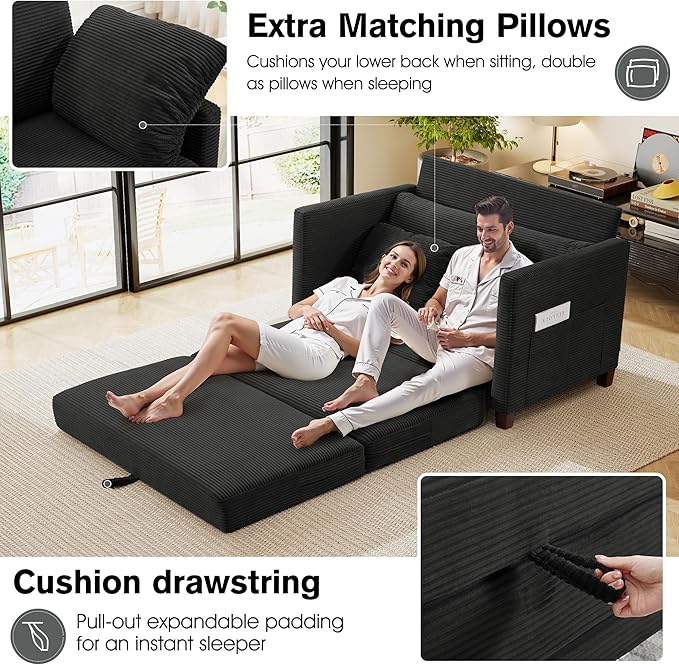 51 Loveseat Sleeper Sofa Bed Corduroy Convertible Floor Sofa Bed for Small Spaces Folding Couch Bed with Deep Seat 2 Pillows &amp Solid Frame Pull Out Floor Couch for Living Room Black