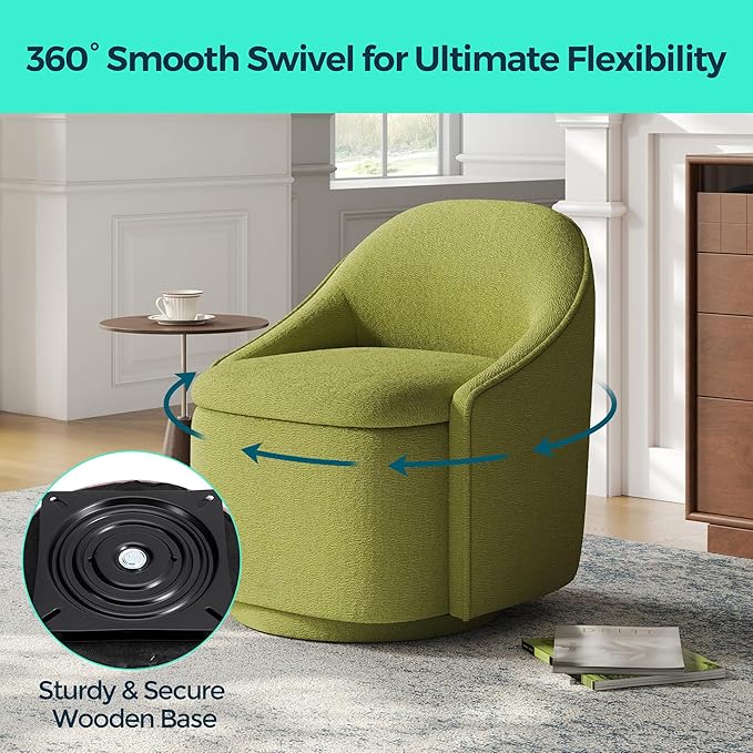 LINSY Swivel Accent Chair with Storage Comfy Chenille Barrel Chairs Small 360 Swivel Modern Armchair for Living Room Bedroom Boucle Reading Chair for Study Room (Green)