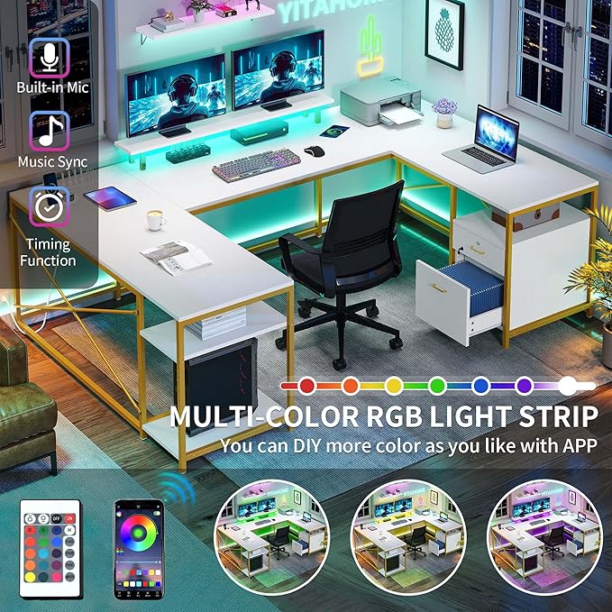 YITAHOME U Shaped Desk with Power Outlets &amp LED Lights 79 Reversible L Shaped Desk with Drawers Corner Computer Desk Office Desk with Monitor Stand &amp Storage Shelves White &amp Gold