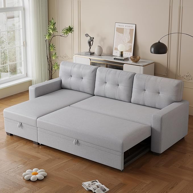 Ball &amp Cast L-Shape Convertible Sectional Sleeper Sofa Bed 4 in 1 Pull Out Couch with Reversible Storage Chaise &amp Removable Back CushionsSleeper Corner Couch Pull Out Sofa Bed for Living Room