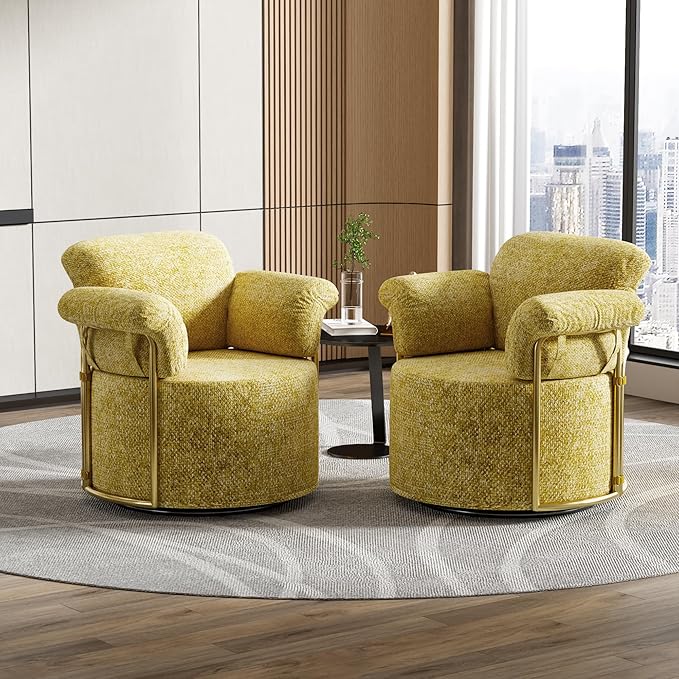 Swivel Accent Chair 360° Bouclé Barrel Chair with Sturdy Metal Frame Yellow Round Accent Chair with Deep Seat &amp Thick Armrests Soft Reading Lounge Chair for Bedroom Living Room Office