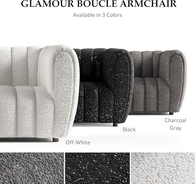 Furniture of America Glamour Contemporary Vertical Channel Tufted Boucle Accent Chair with Wooden Legs Fabric Upholstered Armchair for Living Room Bedroom Office Off-White