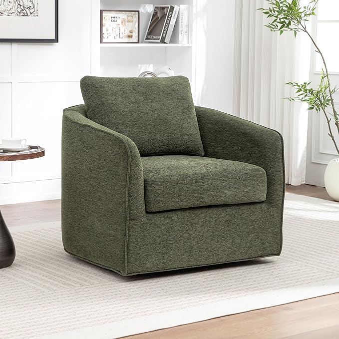 MINCETA Oversized Accent Chair for Living Room 360° Swivel Barrel Chair with High Density Foam Modern Glider Chair with Fabric Upholstered Armchair for Apartment Bedroom Green