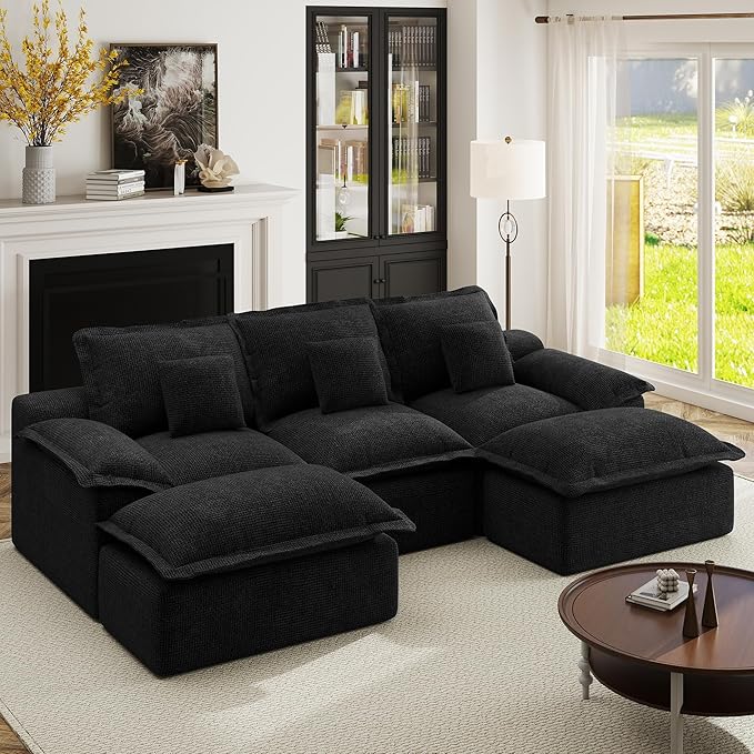 Modular Sectional Sofa 107'' Boneless Couches for Living Room 5-Seat Sofa with 2 Ottomans Cloud U Shaped Couch No Assembly Required Chenille Black