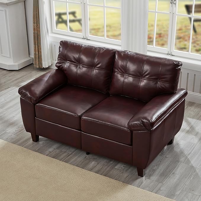 59 Faux Leather Loveseat with Storage Mid-Century Modern PU Sofa Couch with Tufted Seat &amp Back Deep Seat Small Sofa for Living Room Apartment Office Vintage Upholstered 2-Seater Couch Burgu