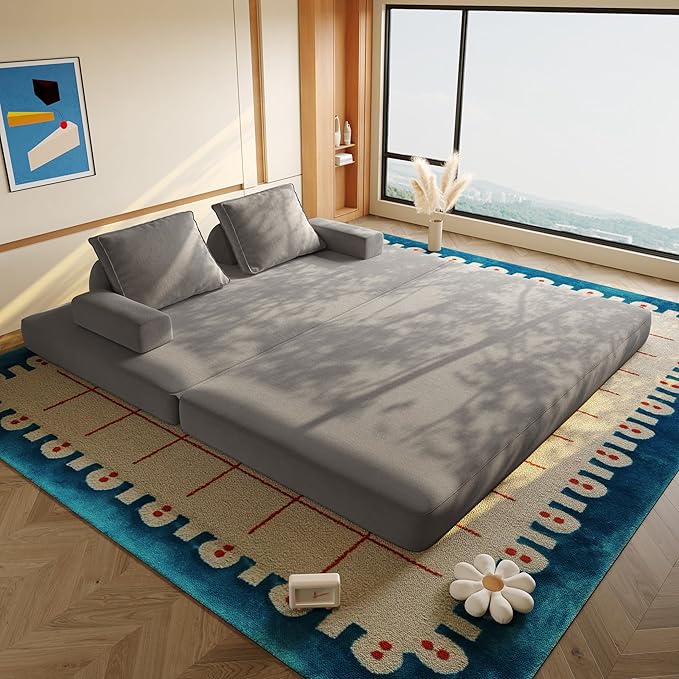 Folding Convertible Sofa Bed 86.6 Inch Chenille Boneless Couch Loveseat Sleeper with Pull Out Bed DIY Floor Sofa Futon Couchs for BedroomLight Gray
