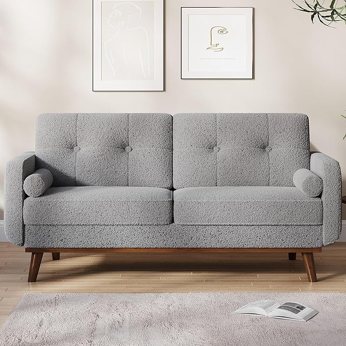 IDEALHOUSE 65 Mid Century Modern Couch Sofa Loveseat Comfy Love Seat Couches for Living Room 2 Seater Teddy Fleece Boucle Upholstered Deep Seat Couch for Bedroom Office Small Space Grey
