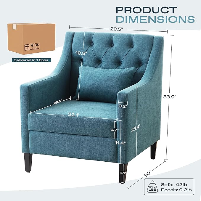 Living Room Chairs Accent Armchair with Lumbar Pillow Elegant Bedroom Reading Chair Mid Century Design Upholstered Sofa Chair Teal