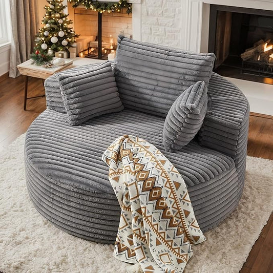 55''W Corduroy Oversized Round Chaise Longue Chair Indoor Upholstered Deep Seat Floor Sofa Chair with Pillow No Assembly Required Single Sofa Armchair for Living Room (Corduroy Grey)