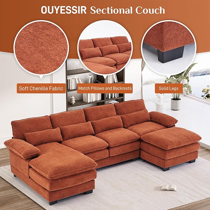 OUYESSIR 113 U Shape Sectional Cloud Couch with OttomanFluffy Sectional Couches for Living Room4 Seater Modular Sectional SofaComfy Cloud Sofas &amp Couches with 4 PillowsOrange