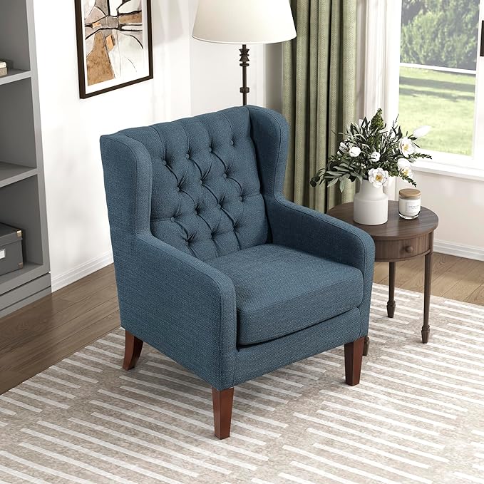 Lexicon Living Room Accent Chair Button Tufted Wingback Track Arm Reversible Seat Cushion Solid Wood Legs Textured Fabric Comfy Armchair for Bedroom/Office Easy Assembly Blue