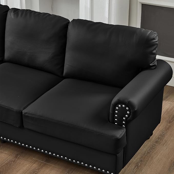 2 Pieses Living Room Sofa Sets Faux Leather Couch and Loveseat with Nailhead Decor Soild Wood Legs Rolled Armrests &amp Storage 2PCS Sofas 3 Seaters Couch and Love Seat for Living Room Furniture S