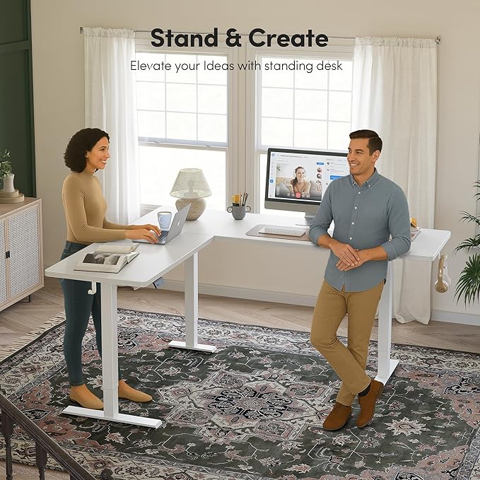 CubiCubi L Shaped Standing Desk 75 x 63 Inch Adjustable Height Electric Corner Desk Sit Stand Home Office Desk with Splice Board White(2 Packages)