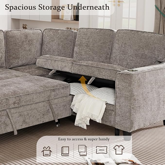 ERYE L-Shaped Symmetrical Sleeper Sectional Sofa W/Pull Out Sleeper Couch Bed and Storage Seat for Living Room Chenille Tufted Corner Convertible Sofa Bed with USB-C Ports