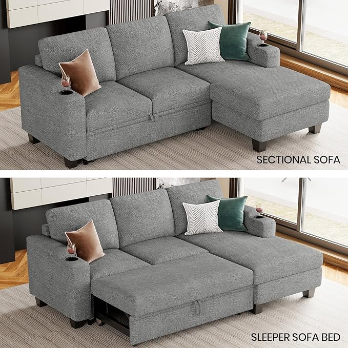Belffin Sleeper Sofa Bed Pull Out Couch L Shaped Couch with Storage Right-Facing Chaise Modular Sectional Sofa with Cup Holder. Light Grey