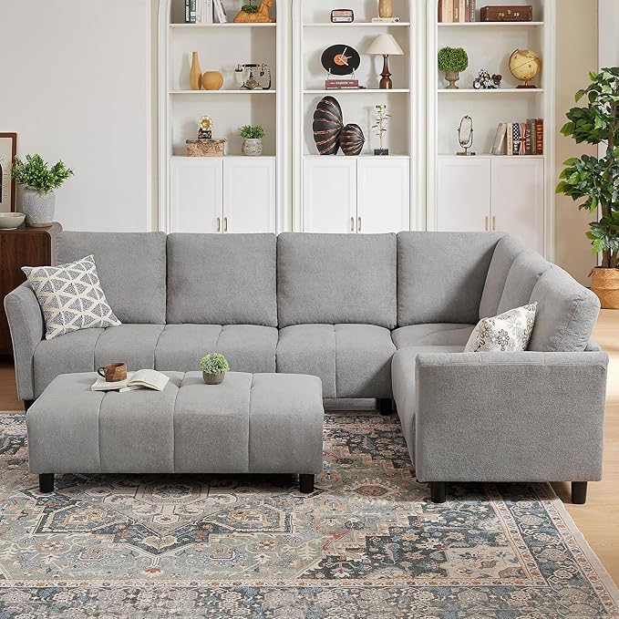 Sectional Sofa with Ottoman 102'' L Shaped Couch Set Modern 6 Seater Sectional Corner Couch with Back CushionsUpholstered Couches for Living Room Apartment Office Light Grey