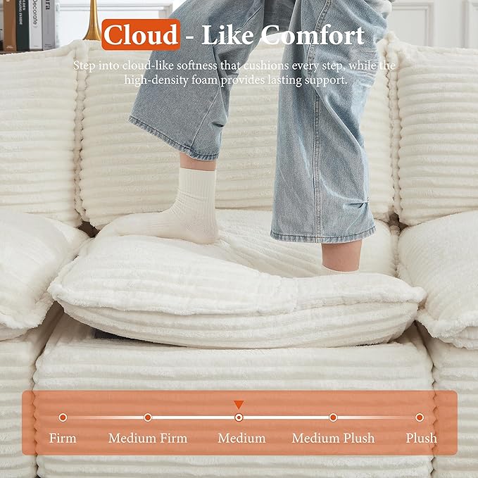 110 Sectional Couches for Living Room Boneless Couch Upholstered Cloud Couch Sectional Modular Sectional Sofa with L Shaped (Corduroy-White 3 Seat+2 Ottoman)