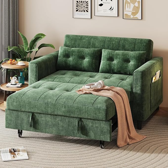 KKL 3 in 1 Convertible Sleeper Sofa Bed Pull Out Couch Bed with Adjustable Backrest Chenille Loveseat Pullout Couches with Side Pocket for Living Room Bedroom (Green)