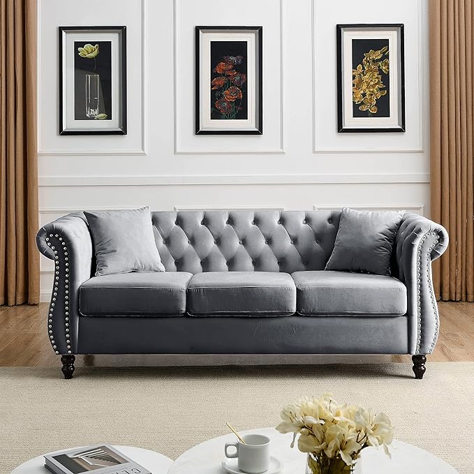 KEIKI Chesterfield Sofa Retro Style Upholstered 3+3 Seats Velvet Couch with Rolled Arm for Living Room Bedroom Office Grey