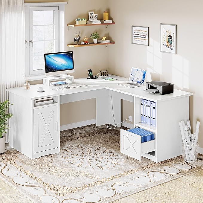 YITAHOME L Shaped Desk with Power Outlets 60 Inch Computer Desk Corner Desk with File Drawer Home Office Desk with Monitor Stand &amp Storage Shelves L-Shaped Desk with File Cabinet White