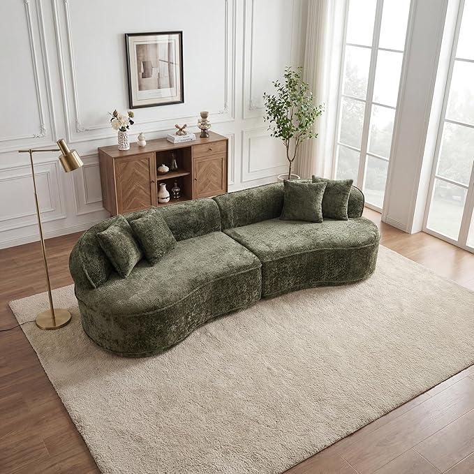 114-Inch Curved Boneless Sofa Couches Compressed 4-Seat Foam Couch for Living Room Bedroom Boneless Modular Cloud Sofa Curved Floor Couch with 4 Pillows No Assembly