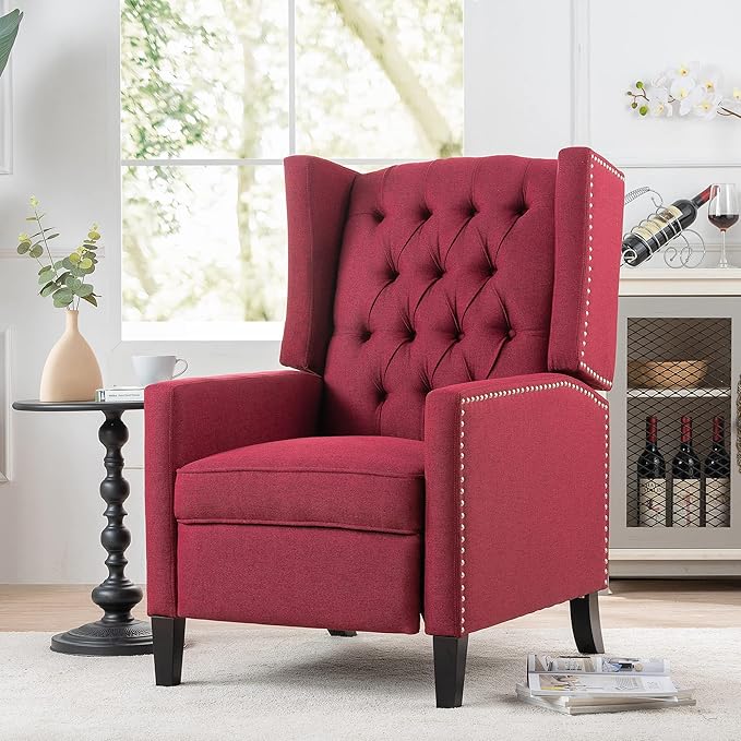 Wingback Recliner Chair Fabric Living Room Chairs Modern High Back Accent Chair Comfy Reading Chair Tufted Wing Back Chairs with Arms for Bedroom Office 27.16 Wide Wine Red