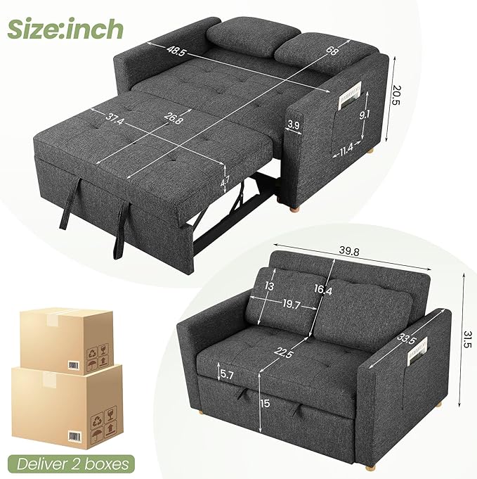 SEJOV Sleeper Sofa 3-in-1 Convertible Pull Out Couch Bed Futon Sofa Linen Fabric Loveseat with 2 Pillows and Adjustable Backrest Chaise Lounge for Small Spaces Apartment Dorm Office Black