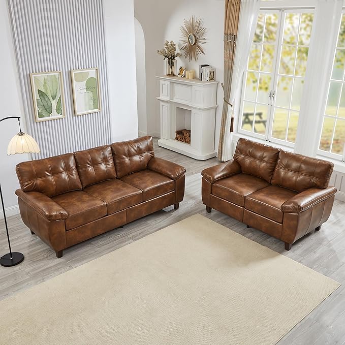 2 Piece Brown Leather Sofa Set with Storage Mid-Century Modern Tufted Retro Vintage Faux Leather Couch and Loveseat Living Room Sets Comfy Cloud Upholstered Furniture(Brown 2+3 Seater Couch Set)