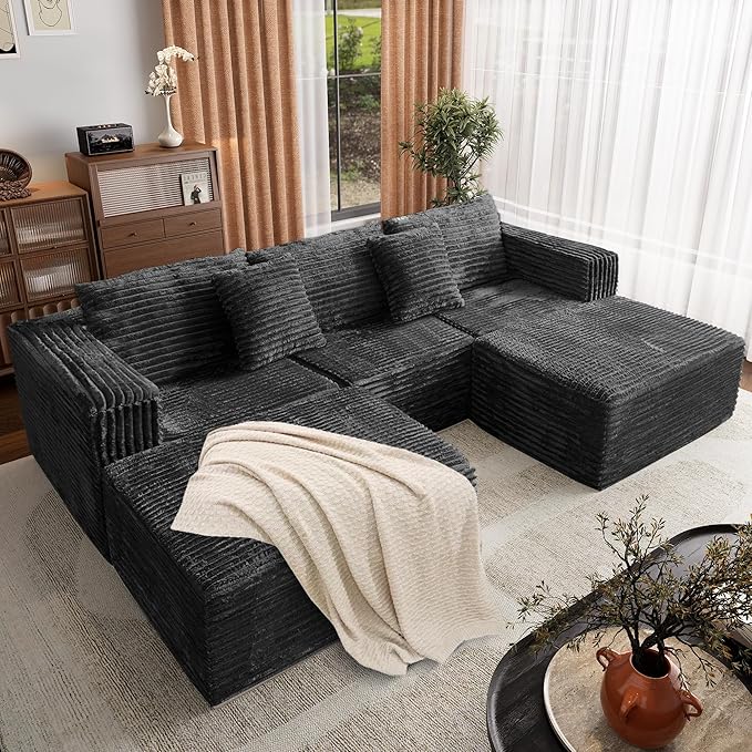 110 Corduroy Modular Sectional Boneless Sofa with 2 Ottomans Convertible Cloud Couch with Deep Seats Fluffy Memory Foam U Shaped Couch for Living Room No Assembly Required (Black)