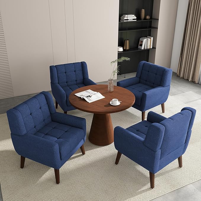 Accent Chair Comfy Mid Century Modern Small Armchairs with Solid Wood Frame and Soft Cushion for Living Room Bedroom (Fabric Blue Set of 4)
